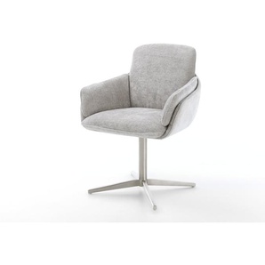 Drehstuhl Luan-Flex mit Armlehnen Chenille Silbergrau Fußkreuz Edelstahl 360° drehbar, Esszimmerstühle