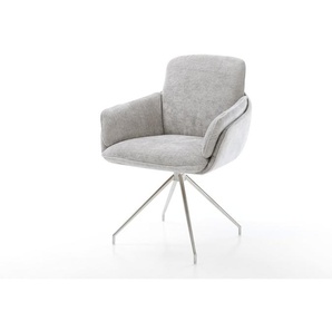 Drehstuhl Luan-Flex mit Armlehnen Chenille Silbergrau Kreuzgestell konisch Edelstahl 180° drehbar, Esszimmerstühle