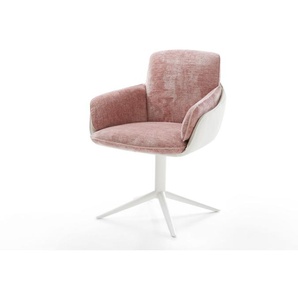 Drehstuhl Luan-Flex mit Armlehnen Materialmix Echtleder Weiß-Rosé Fußkreuz Weiß 360° drehbar Wippfunktion, Esszimmerstühle
