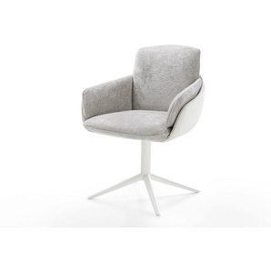 Drehstuhl Luan-Flex mit Armlehnen Materialmix Echtleder Weiß-Silbergrau Fußkreuz Weiß 360° drehbar Wippfunktion, Esszimmerstühle