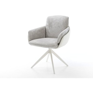 Drehstuhl Luan-Flex mit Armlehnen Materialmix Echtleder Weiß-Silbergrau Kreuzgestell breit Weiß 360° drehbar Wippfunktion, Esszimmerstühle