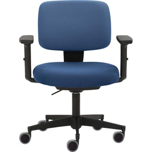 Drehstuhl MAYER SITZMÖBEL 2293 Stühle Gr. B/H/T: 65 cm x 74 cm x 62 cm, 1 St., Struktur (recyceltes Polyester), kleiner Polsterrücken-3D-Sitzen inkl. Sitztiefenverstellung-2D-Armlehnen schwarz-Hartbodenrollen groß + Kunststoff, blau (blau, schwarz)