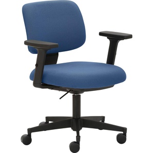 Drehstuhl MAYER SITZMÖBEL 2293 Stühle Gr. B/H/T: 65 cm x 74 cm x 62 cm, 1 St., Struktur (recyceltes Polyester), kleiner Polsterrücken-3D-Sitzen inkl. Sitztiefenverstellung-2D-Armlehnen schwarz-Teppichbodenrollen + Kunststoff, blau (blau, schwarz)