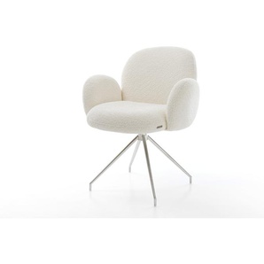 Drehstuhl Nube-Flex mit Armlehnen Bouclé Weiß Kreuzgestell konisch Edelstahl 180° drehbar Taschenfederkern, Esszimmerstühle