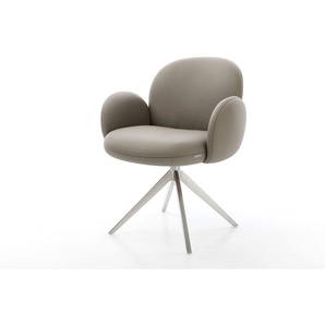 Drehstuhl Nube-Flex mit Armlehnen Echt-Leder Schlamm Kreuzgestell breit Edelstahl 360° drehbar Wippfunktion Taschenfederkern, Esszimmerstühle