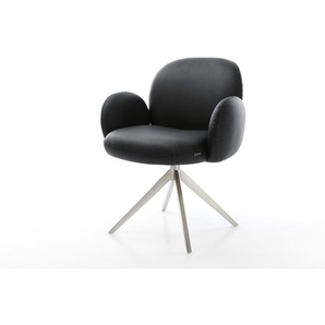 Drehstuhl Nube-Flex mit Armlehnen Echt-Leder Schwarz Kreuzgestell breit Edelstahl 360° drehbar Wippfunktion Taschenfederkern, Esszimmerstühle