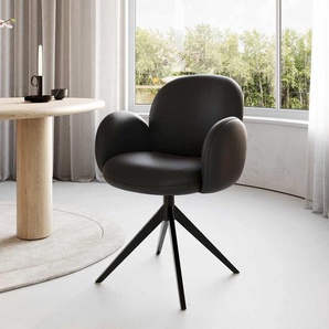 Drehstuhl Nube-Flex mit Armlehnen Echt-Leder Schwarz Kreuzgestell breit Schwarz 360° drehbar Taschenfederkern, Esszimmerstühle