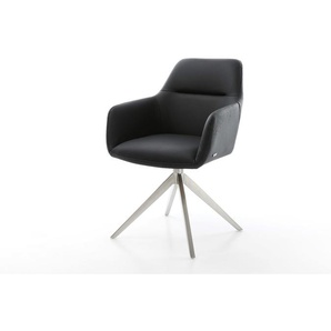 Drehstuhl Pejo-Flex Echt-Leder Schwarz Kreuzgestell breit Edelstahl 360° drehbar Wippfunktion Taschenfederkern, Esszimmerstühle