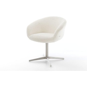 Drehstuhl Vinka-Flex mit Armlehnen Bouclé Weiß Fußkreuz Edelstahl 360° drehbar Taschenfederkern, Esszimmerstühle