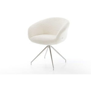 Drehstuhl Vinka-Flex mit Armlehnen Bouclé Weiß Kreuzgestell konisch Edelstahl 180° drehbar Taschenfederkern, Esszimmerstühle