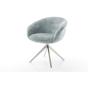 Drehstuhl Vinka-Flex mit Armlehnen Chenille Pastellblau Kreuzgestell breit Edelstahl 360° drehbar Wippfunktion Taschenfederkern, Esszimmerstühle