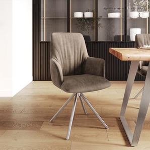 Drehstuhl Willa-Flex mit Armlehnen Taupe Vintage Kreuzgestell rund Edelstahl 180° drehbar, Esszimmerstühle