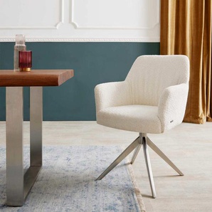 Drehstuhl Xana-Flex mit Armlehnen Bouclé Weiß Kreuzgestell breit Edelstahl 360° drehbar Taschenfederkern, Esszimmerstühle