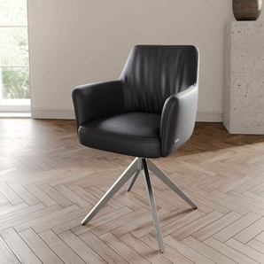 Drehstuhl Xana-Flex mit Armlehnen Echt-Leder Schwarz Kreuzgestell breit Edelstahl 360° drehbar Taschenfederkern, Esszimmerstühle