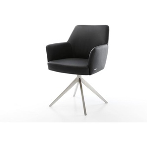 Drehstuhl Xana-Flex mit Armlehnen Echt-Leder Schwarz Kreuzgestell breit Edelstahl 360° drehbar Wippfunktion Taschenfederkern, Esszimmerstühle