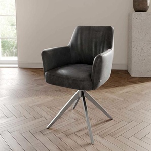 Drehstuhl Xana-Flex mit Armlehnen Mikrofaser Anthrazit Vintage Kreuzgestell breit Edelstahl 360° drehbar Taschenfederkern, Esszimmerstühle