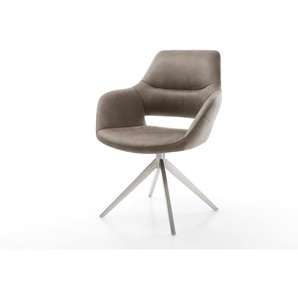 Drehstuhl Yago-Flex mit Armlehnen Mikrofaser Taupe Vintage Kreuzgestell breit Edelstahl 360° drehbar Wippfunktion Taschenfederkern, Esszimmerstühle