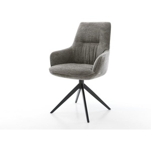 Drehstuhl Zelia-Flex mit Armlehnen Bouclé Soft Schlamm Kreuzgestell breit Schwarz 360° drehbar Wippfunktion Taschenfederkern, Esszimmerstühle