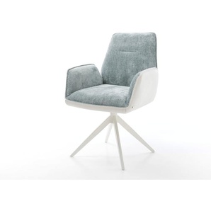 Drehstuhl Zoa-Flex Materialmix Echtleder Weiß-Pastellblau Kreuzgestell breit Weiß 360° drehbar Wippfunktion Taschenfederkern, Esszimmerstühle