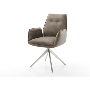 Drehstuhl Zoa-Flex Mikrofaser Taupe Vintage Kreuzgestell breit Edelstahl 360° drehbar Wippfunktion Taschenfederkern, Esszimmerstühle