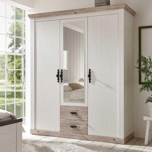 Drehtürenkleiderschrank in Weiß und Piniefarben Spiegeltür