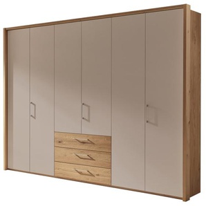 Drehtürenschrank Cadiz, Balkeneiche Furnier/Lack taupe, Absetzungen in Eiche-Riffholz, 270 x 229 cm