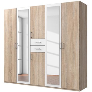 Drehtürenschrank 225cm Braun/Weiß/Eiche Sägerau Dekor/Weiß Silber