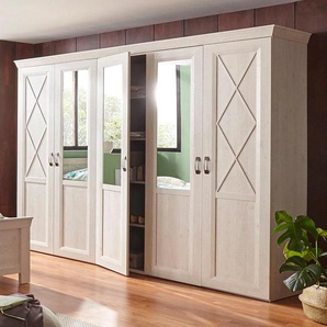 Drehtürenschrank FORTE Kashmir, TOPSELLER, im klassischem Landhausstil, Made in Europe, weiß (pinie weiß), B:255cm H:221cm T:63cm, FSC-zertifizierter Holzwerkstoff, Schränke, mit Spiegel und dekorativen Fräsungen und Elementen, Topseller