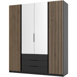 Drehtürenschrank mit Spiegel und Schubladen KAYA VI 200 cm Eiche evoke+schwarz+eiche evoke