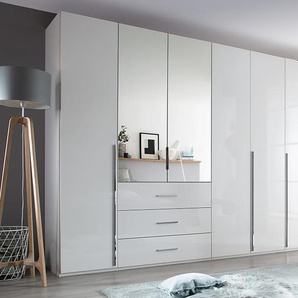 Drehtürenkleiderschrank Montclar, Hochglanz weiß, 300 x 223 cm, inkl. 2 Spiegeltüren und 3 Schubkästen