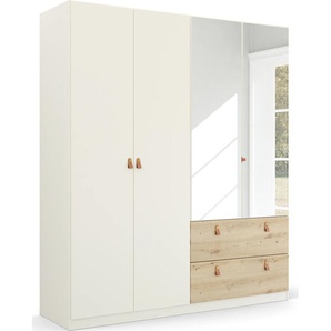 Drehtürenschrank RAUCH Homey by Quadra Spin Schränke Gr. B/H/T: 181 cm x 210 cm x 54 cm, 4 St., weiß (alpinweiß, eiche artisan) Drehtürenschränke mit cognacbraunen Ledergrifflaschen, Schubladen in Eichen-Dekor