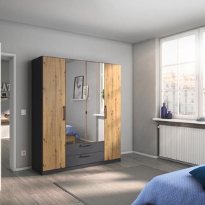 Drehtürenschrank RAUCH StyleUp Schränke Gr. B/H/T: 181 cm x 197 cm x 54 cm, 4 St., grau (graumetallic) Drehtürenschränke Typ Dark & Wood mit trendigen farblich abgesetzten Griffen