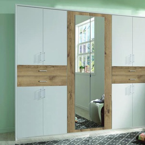Drehtürenschrank Taiga, weiß,  270 x 208 cm, mit Absetzungen in Plankeneiche,