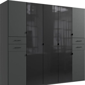 Drehtürenschrank WIMEX Danzig Schränke Gr. B/H/T: 225 cm x 208 cm x 58 cm, 7 St., schwarz (graphit, lange durchgängige türfronten glas schwarz) Drehtürenschränke mit Schubladen auf bequemer Höhe, Glastüren