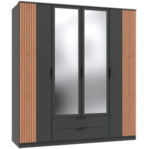 Drehtürenschrank WIMEX Lübeck Schränke Gr. B/H/T: 180 cm x 199 cm x 58 cm, 4 St., schwarz (front und korpus graphit, absetzung akustiklamellen, nachbildung in artisan eiche nachbildung) Drehtürenschränke Akustiklamellen Optik, mit Spiegeltüren, 135 oder