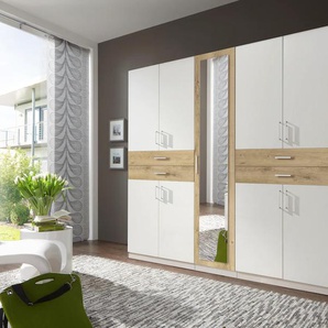 Drehtürenschrank WIMEX Taiga Schränke Gr. B/H/T: 225 cm x 210 cm x 58 cm, 9 St., weiß (weiß, plankeneichefarben) Drehtürenschränke mit Schubkästen auf bequemer Höhe