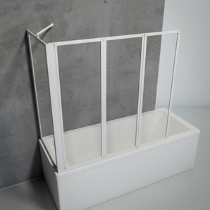 Duschabtrennung mit Seitenwand, 3-teilig faltbar - 129 x 121 cm, 3 mm Sicherheitglas Klar Hell, Alpin Weiß, für Wannentiefe 68-71 cm - Schulte
