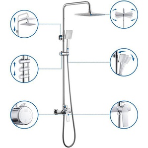 Duschset Quadrat Duschsäule Duschsystem, Chrom Regendusche Duschset mit Kopfbrause eckig und Handbrause, Höhenverstellbare Duschstange für Dusche und