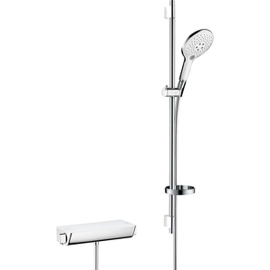 Duschsystem HANSGROHE Aufputz 15cm, 3 Strahlarten mit Thermostat und Duschstange 90cm Brausegarnituren weiß (weiß, chrom) Duschsysteme