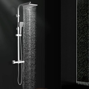Duschsystem mit Thermostat Chrom, Duscharmatur Komplettset Messing Regendusche mit Armatur inkl. Handbrause, Kopfbrause, Verstellbarer Duschstange