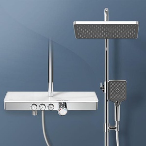Duschsystem mit Thermostat Glasablage Handbrause mit 3 Strahlarten Regendusche, Wasserauslass Verbrühungsschutz Wandmontage KTW-Zertifizierung, Chrom