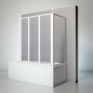 Duschwand mit Seitenwand, 3-teilig faltbar - 129 x 140 cm, Kunstglas Tropfen Dekor, Alpin Weiß, für Wannentiefe 68-71 cm - Schulte