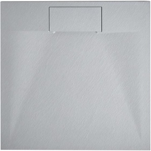 Duschwanne Grau SMC-Masse Steinoptik Flach Quadratisch 90x90 cm mit Ablauf Seitlich Ablaufgarnitur Ablaufrinne Schürze 3 cm Hoch Duschtasse