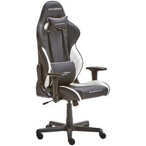 Dxracer Gamingstuhl Gladiator 8000, Schwarz, Weiß, Kunststoff, Textil, Drehkreuz, 70x126x70 cm, Wippmechanik mit Härtegradeinstellung, Sitzfläche 360° drehbar, inklusive Armlehnen, Nackenkissen abnehmbar, Lendenkissen abnehmbar, Kinder & Jugendmöbel,