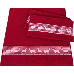 Dyckhoff Handtuch Set Hirschparade, Walkfrottier, (Set, 3-tlg), mit karierten Bordüre und Hirschmotiven
