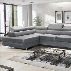 EasyFurniture Avatar Velvet Ecksofa in L-Form 277 x 73 x 203 cm mit Schlaffunktion und Bettzeugbehälter - Schlafsofa mit Bettkasten - Eckcouch mit Stauraum - Links - Farbe: Monolith Grau (MO84)
