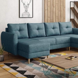 EasyFurniture Easy4You Ecksofa Blau BALDUR U-Form – 303x93x145 cm - Schlafsofa mit Bettkasten und Schlaffunktion - Eckcouch mit Stauraum, Holzfüße und Kissen – Stoff Lux 33