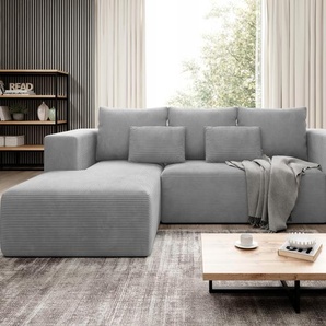 EasyFurniture Easy4You Ecksofa Grau Stripes L-Form in Kord – 255x73x161 cm - Schlafsofa mit Bettkasten und Schlaffunktion - Eckcouch mit Stauraum – Stoff Kord POSO 55