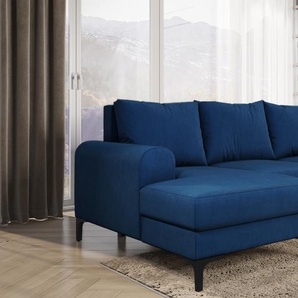 EasyFurniture Easy4You Ecksofa Instra L-Form Marineblau – 245x94x1145 cm - Schlafsofa mit Bettkasten und Schlaffunktion - Eckcouch mit Stauraum, Metallfüße und Kissen – Links – Stoff Manila 26