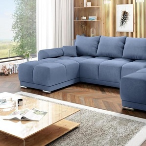 EasyFurniture Velvet Ecksofa in U-Form – Blau M70 Sofa – Couch mit Stauraum und Kissen - Ausziehbares Schlafsofa – Sofa mit Schlaffunktion - Schlafsofa mit Bettkasten – Gästebett – 365 x 189 cm